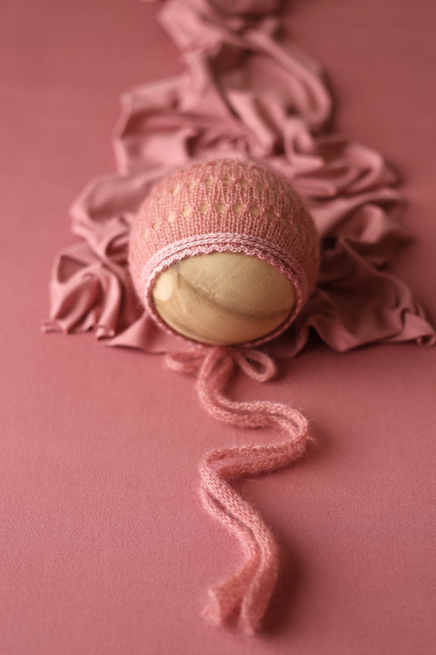 Eyelet Wave bonnet, lighter wrap and backdrop set | Shy Blush | RTS