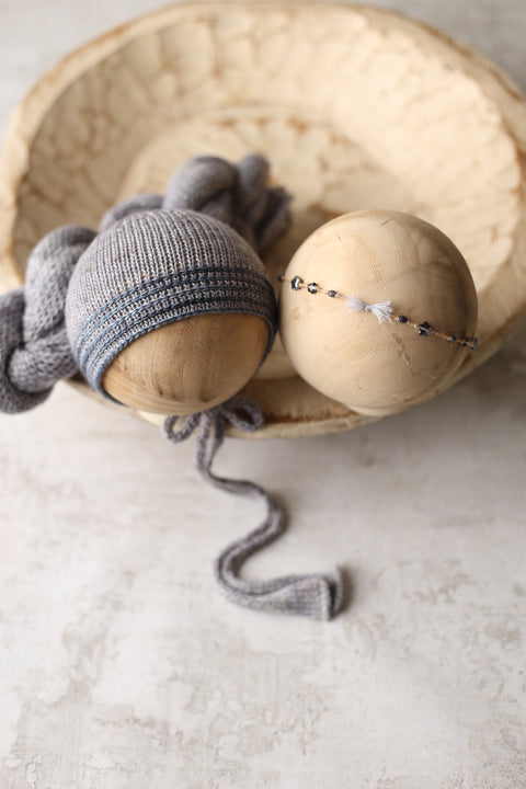 Collab: Striped bonnet, knit wrap and Golden Stitch Bitty Bow tieback set |Thunder Sky | RTS