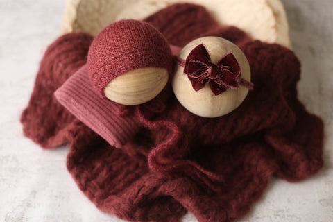 Collab: Enola bonnet, Golden Stitch Bow tieback, wrap and Floof layer | Raisin | RTS