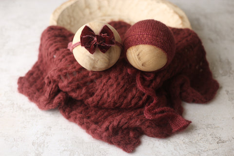 Collab: Enola bonnet, Golden Stitch Bow tieback, wrap and Floof layer | Raisin | RTS
