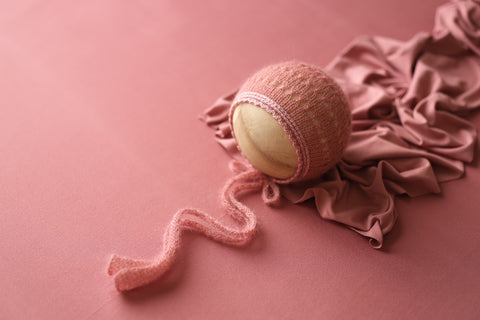 Eyelet Wave bonnet, lighter wrap and backdrop set | Shy Blush | RTS