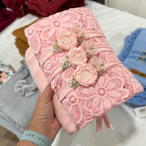 Collab: Golden Stitch Bloom tieback, plain and floral wraps | Pink | RTS