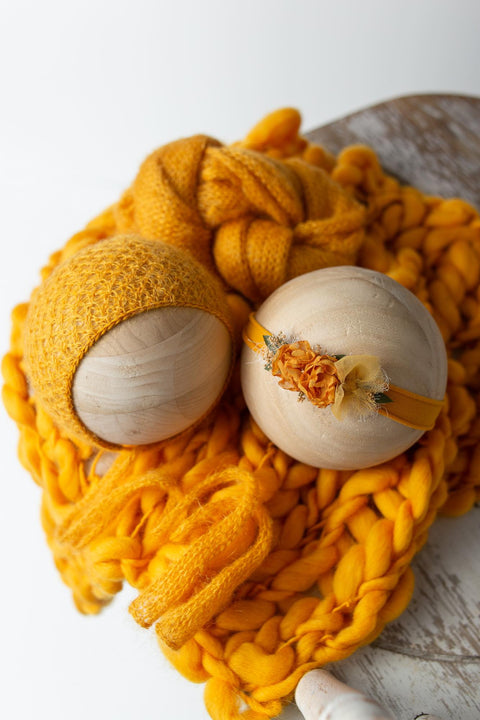 Collab part: Fuzzy Elia bonnet, knit wrap, chunky layer and Golden Stitch headband | Tigerhawk | RTS