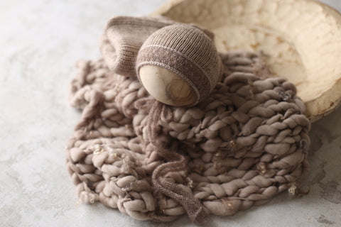 Enola tweed bonnet, wrap and mini curly layer set | Taupe | RTS