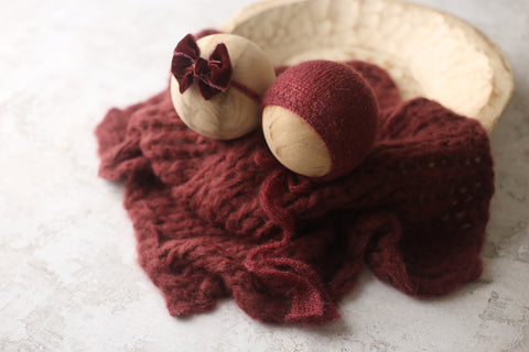 Collab: Enola bonnet, Golden Stitch Bow tieback, wrap and Floof layer | Raisin | RTS