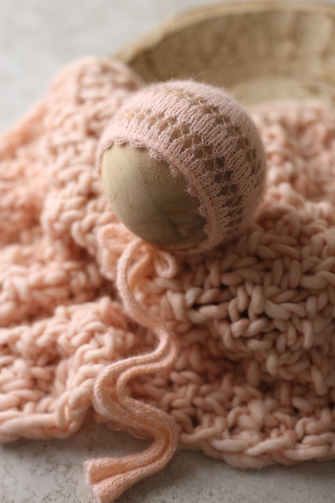 Shoshie angora bonnet and Asher layer | Peachy Pink | RTS