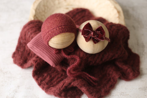 Collab: Enola bonnet, Golden Stitch Bow tieback, wrap and Floof layer | Raisin | RTS