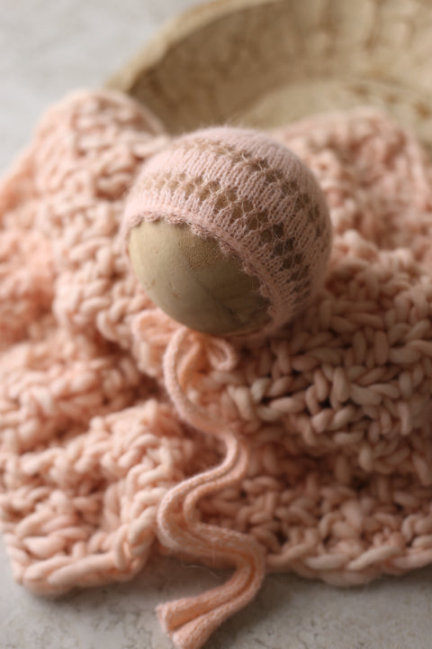 Shoshie angora bonnet and Asher layer | Peachy Pink | RTS
