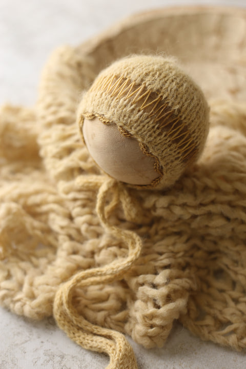 Collab: Prairie bonnet and FleurFotoKnits layer set | Frosted Mustard | RTS