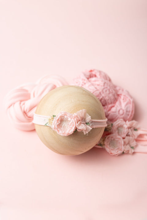 Collab: Golden Stitch Bloom tieback, plain and floral wraps | Pink | RTS