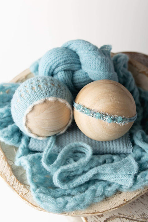 OOAK Golden Stitch headband, bonnet, wrap and Breezy layer set | {Ice Bunny/Windmill} | RTS