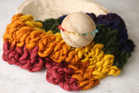 Collab: Golden Stitch Rory bow tieback and/or chunky layer and/or felted heart set | Vintage Rainbow | RTS