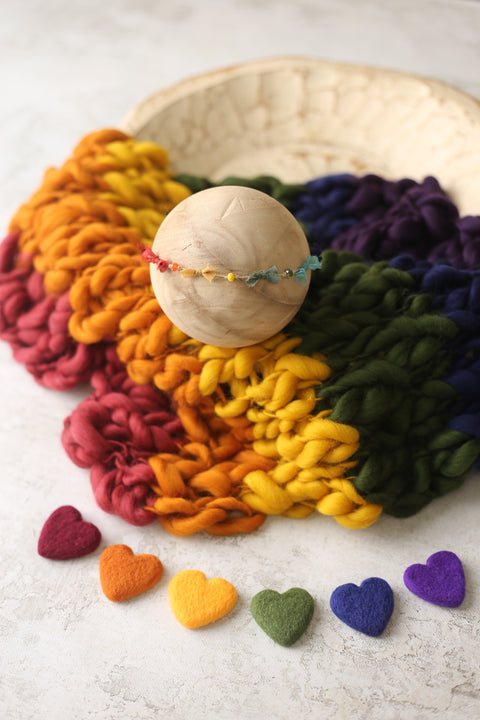Collab: Golden Stitch Rory bow tieback and/or chunky layer and/or felted heart set | Vintage Rainbow | RTS