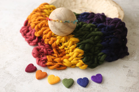 Collab: Golden Stitch Rory bow tieback and/or chunky layer and/or felted heart set | Vintage Rainbow | RTS