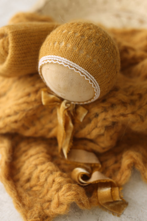 Eyelet Wave bonnet, wrap and Floof layer set | {Cardigan} | RTS