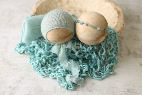 Collab: Bonnet, knit wrap, Golden Stitch Rory bow and silk layer set | Seaglass | RTS