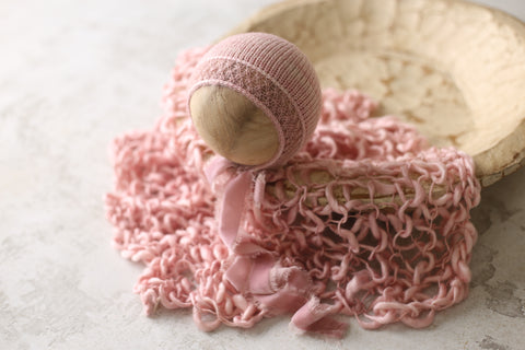 Enola bonnet, silky layer, textured wrap and backdrop set | Tulip Time | RTS