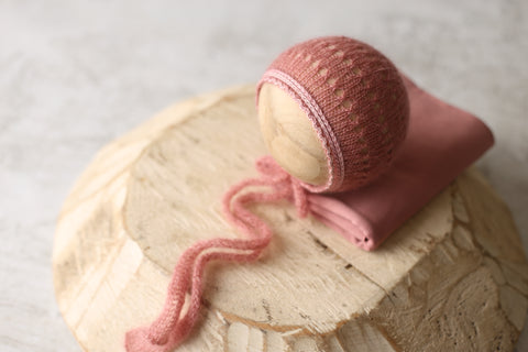 Eyelet Wave bonnet, lighter wrap and backdrop set | Shy Blush | RTS