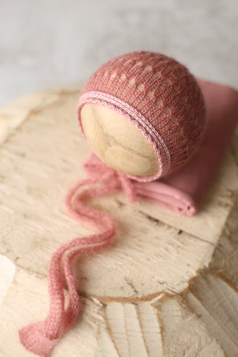 Eyelet Wave bonnet, lighter wrap and backdrop set | Shy Blush | RTS