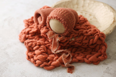 La’Coco bonnet (knit or velvet ties), wrap and/or chunky layer set | Terracotta | RTS