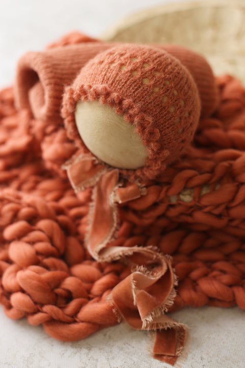 La’Coco bonnet (knit or velvet ties), wrap and/or chunky layer set | Terracotta | RTS
