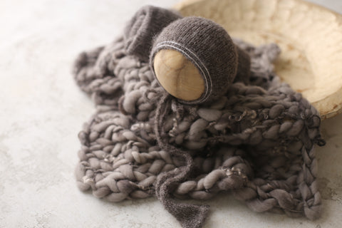 Striped Misha bonnet, knit wrap and mini curly layer set | Warm Charcoal | RTS