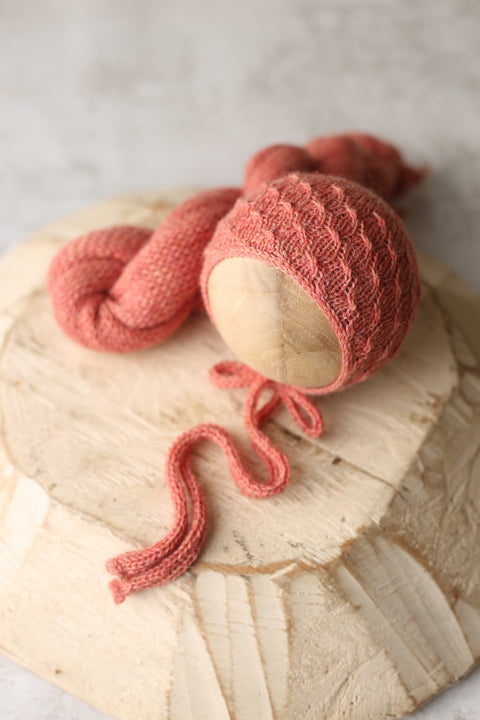 Drew bonnet w/knit ties and wrap | Terra Coral | RTS