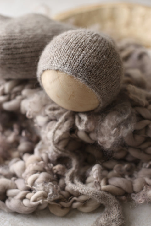 Micah bonnet, wrap and curly layer set | Warm Grey | RTS