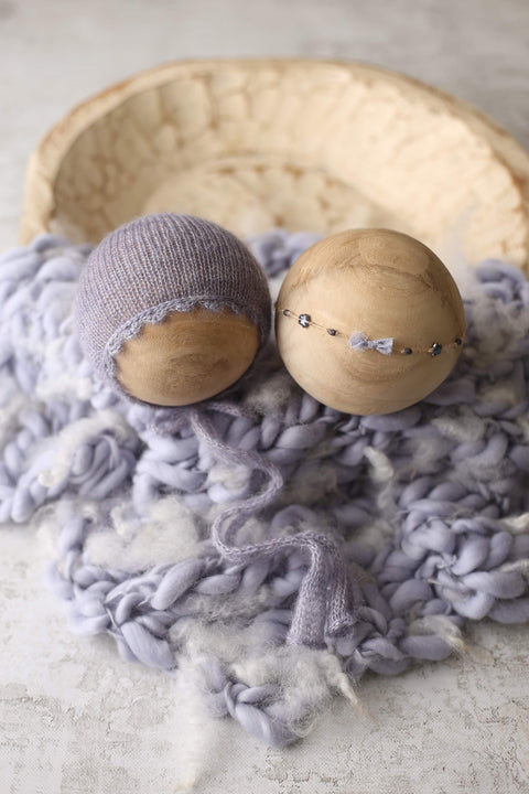 Bonnet, Golden Stitch Stars tieback and curly feathered layer set | Pale Periwinkle | RTS