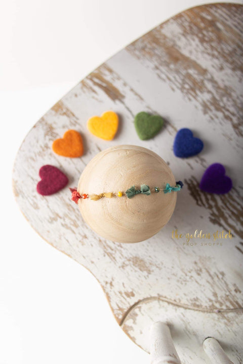 Collab: Golden Stitch Rory bow tieback and/or chunky layer and/or felted heart set | Vintage Rainbow | RTS