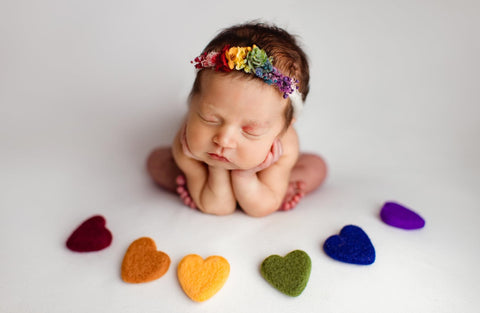 Collab: Golden Stitch Rory bow tieback and/or chunky layer and/or felted heart set | Vintage Rainbow | RTS