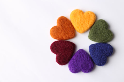 Collab: Golden Stitch Rory bow tieback and/or chunky layer and/or felted heart set | Vintage Rainbow | RTS