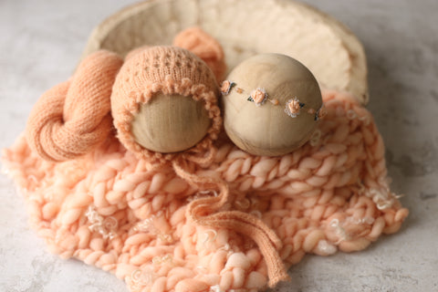 Collab: Golden Stitch Lorelei tieback, La’Coco bonnet, wrap and/or mini curly layer set | Peach | RTS