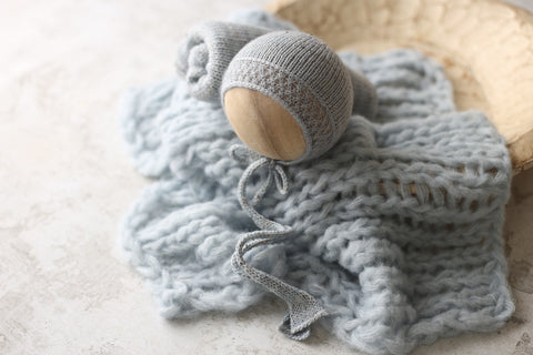 Enola tweed bonnet, wrap and Breezy layer set | Blue Hush | RTS