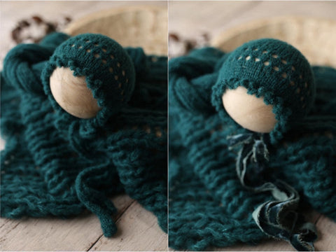La’Coco bonnet (knit ties), wrap and Floof layer set | Emerald | Preorder