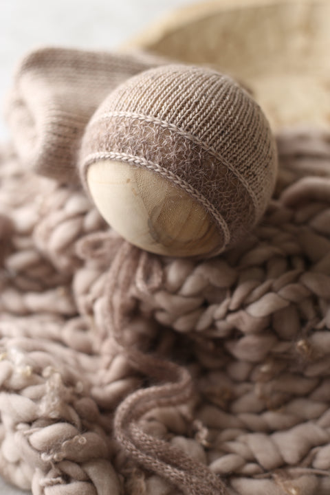 Enola tweed bonnet, wrap and/or mini curly layer set | Taupe | RTS