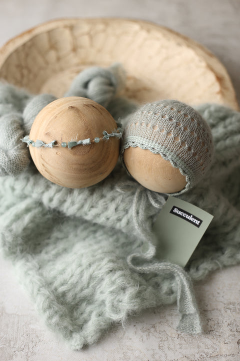 Collab: Golden Stitch Rory tieback, and/or Peach Stitch Emmie bonnet, wrap and layer set | Sea Salt {Succulent} | RTS