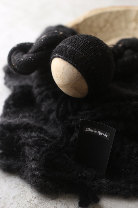 Tweed Enola bonnet, knit wrap and Floof layer | {Blackhawk} | RTS
