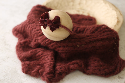 Collab: Enola bonnet, Golden Stitch Bow tieback, wrap and Floof layer | Raisin | RTS