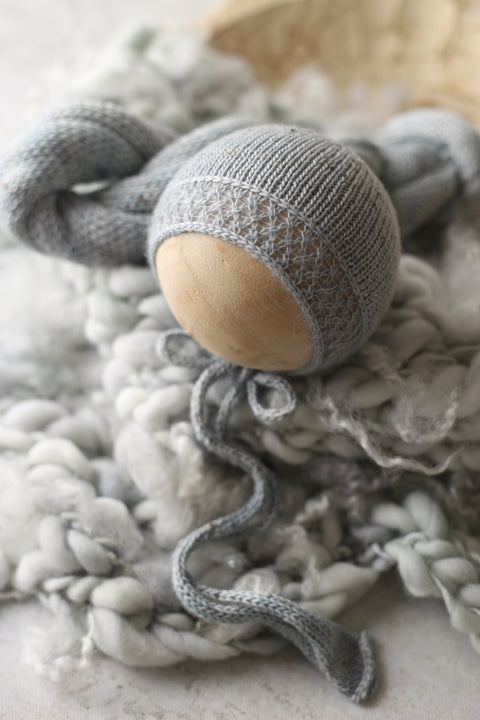 Enola tweed bonnet, wrap and curly layer set | Blue Hush | RTS