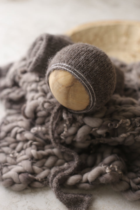 Striped Misha bonnet, knit wrap and mini curly layer set | Warm Charcoal | RTS