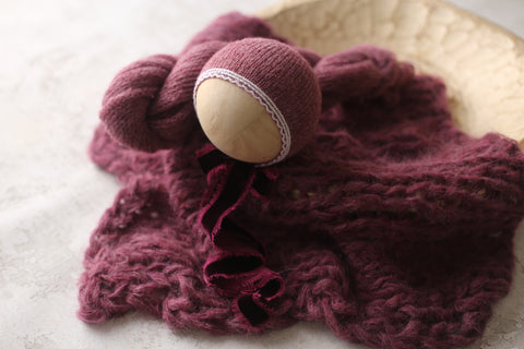 Wave bonnet, knit wrap and fluffy layer set | Wineberry | RTS