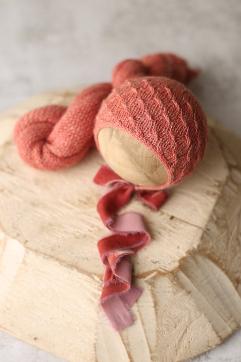 Drew bonnet (knit or velvet ties), wrap and/or curly layer set | Terra Coral | RTS
