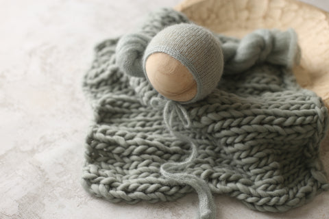 Bonnet, knit wrap and layer set | Dusty Sage | RTS