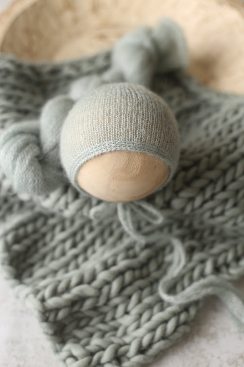 Bonnet, knit wrap and layer set | Dusty Sage | RTS
