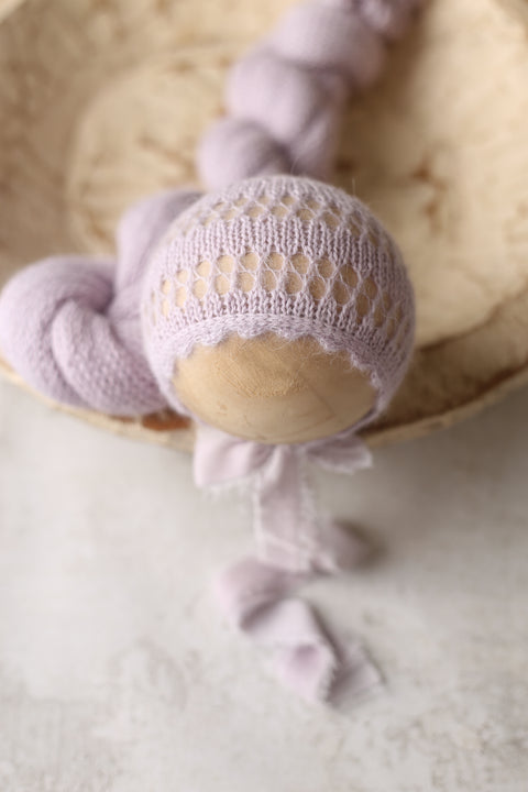 Shoshie bonnet and XL knit wrap | Sweet Lavender | RTS