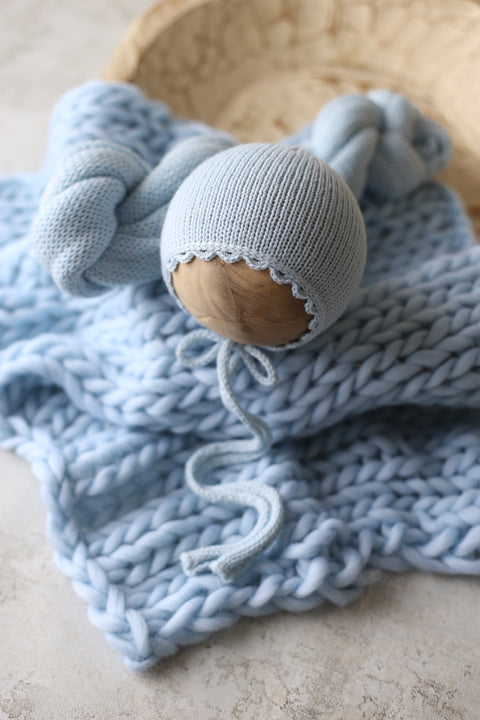 Scalloped bonnet, wrap and wool layer set | Baby Blue | RTS