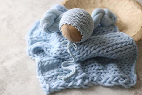 Scalloped bonnet, wrap and wool layer set | Baby Blue | RTS