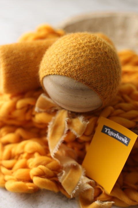 Fuzzy Elia bonnet (knit ties or velvet), knit wrap and chunky layer set | {Tigerhawk} | RTS