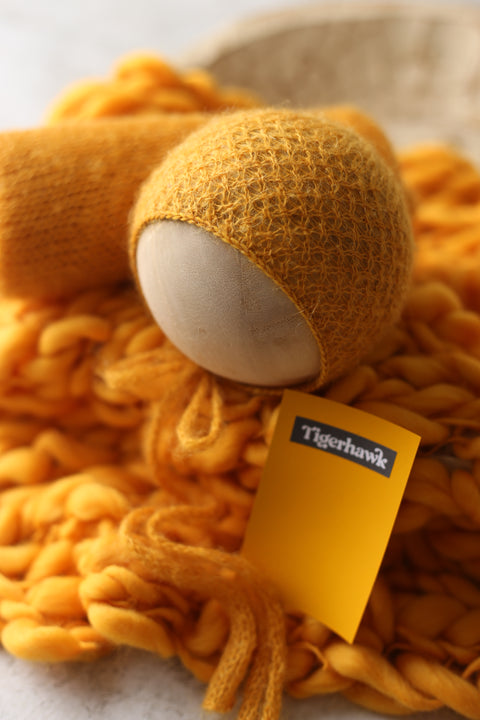 Collab part: Fuzzy Elia bonnet, knit wrap, chunky layer and Golden Stitch headband | Tigerhawk | RTS